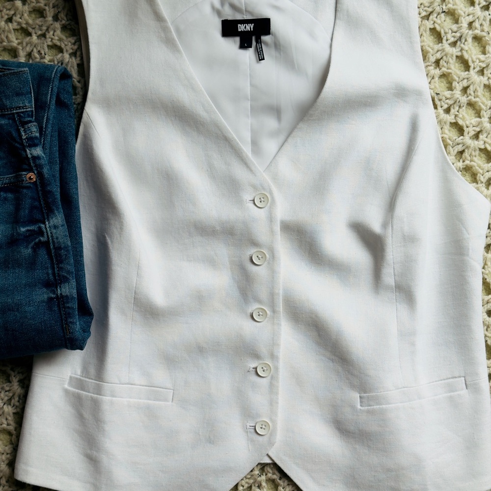 DKNY White Linen Blend Button-Up Vest – Size Large